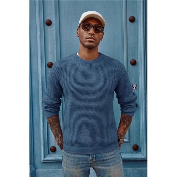 Mens Crewneck Pullover Sweater Waffle Textured Long Sleeve - Picture 3 of 5